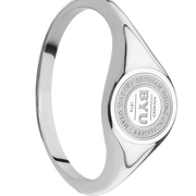 Small Circle signet ring (10mm) in 18K White Gold, with a Thin style band and a Brigham Young Univeristy Seal engraving.