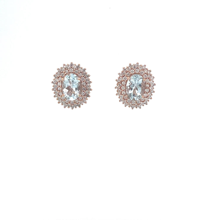 Rose Gold Diamond Halo Aquamarine Earrings