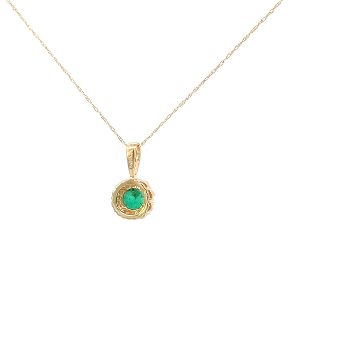 Yellow Gold Emerald Diamond Halo Necklace