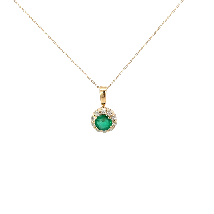 Yellow Gold Emerald Diamond Halo Necklace