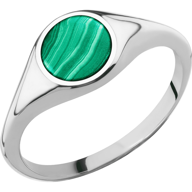 Small Circle signet ring (10mm) in 14K White Gold, with a Thin style band and a Malachite inlay.