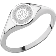 Small Circle signet ring (10mm) in 18K White Gold, with a Thin style band and a Brigham Young Univeristy Seal engraving.