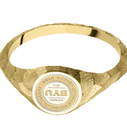 Small Circle signet ring (10mm) in 14K Yellow Gold, with a Thin style band and a Brigham Young Univeristy Seal engraving.