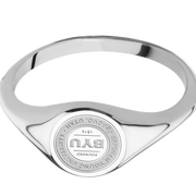 Small Circle signet ring (10mm) in 18K White Gold, with a Thin style band and a Brigham Young Univeristy Seal engraving.