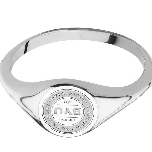 Small Circle signet ring (10mm) in 18K White Gold, with a Thin style band and a Brigham Young Univeristy Seal engraving.