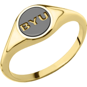 Small Circle signet ring (10mm) in 14K Yellow Gold, with a Thin style band and a Brigham Young BYU Monogram engraving.and a Zirconium inlay.