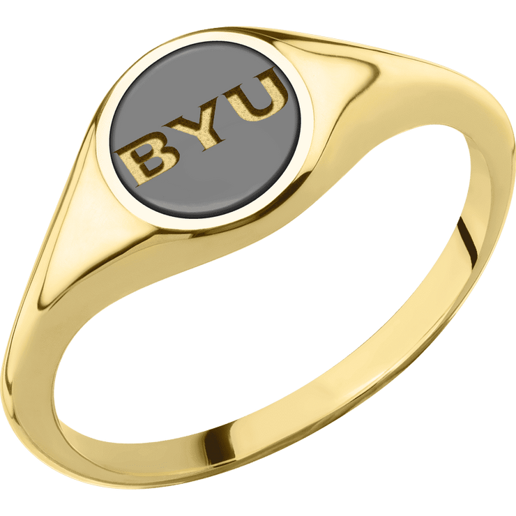 Small Circle signet ring (10mm) in 14K Yellow Gold, with a Thin style band and a Brigham Young BYU Monogram engraving.and a Zirconium inlay.