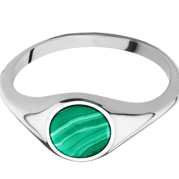 Small Circle signet ring (10mm) in 14K White Gold, with a Thin style band and a Malachite inlay.