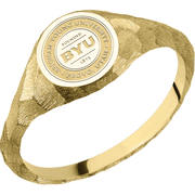 Small Circle signet ring (10mm) in 14K Yellow Gold, with a Thin style band and a Brigham Young Univeristy Seal engraving.