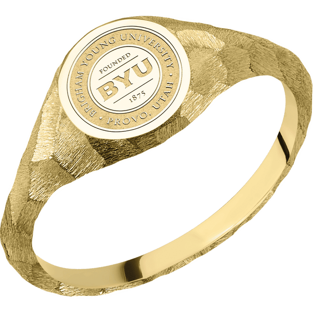 Small Circle signet ring (10mm) in 14K Yellow Gold, with a Thin style band and a Brigham Young Univeristy Seal engraving.