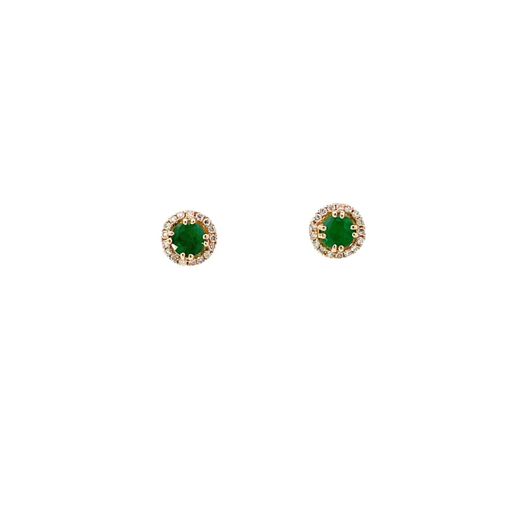 14K Yellow Gold Emerald Diamond Halo Studs