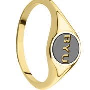 Small Circle signet ring (10mm) in 14K Yellow Gold, with a Thin style band and a Brigham Young BYU Monogram engraving.and a Zirconium inlay.