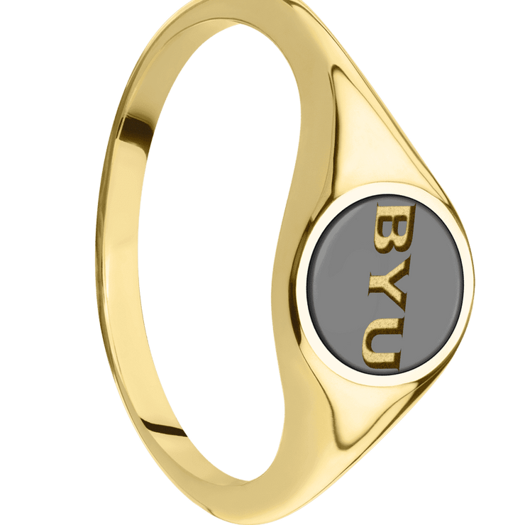 Small Circle signet ring (10mm) in 14K Yellow Gold, with a Thin style band and a Brigham Young BYU Monogram engraving.and a Zirconium inlay.