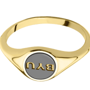 Small Circle signet ring (10mm) in 14K Yellow Gold, with a Thin style band and a Brigham Young BYU Monogram engraving.and a Zirconium inlay.