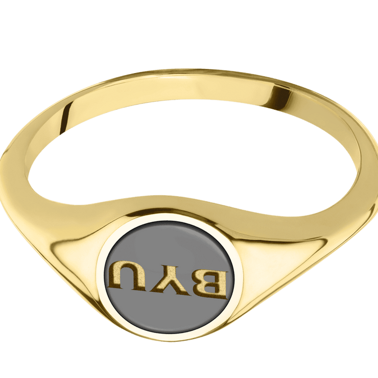 Small Circle signet ring (10mm) in 14K Yellow Gold, with a Thin style band and a Brigham Young BYU Monogram engraving.and a Zirconium inlay.