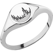 Small Circle signet ring (10mm) in 14K White Gold, with a Thin style band and a Trees engraving.