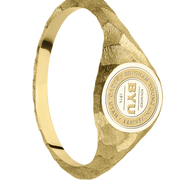 Small Circle signet ring (10mm) in 14K Yellow Gold, with a Thin style band and a Brigham Young Univeristy Seal engraving.