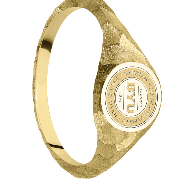 Small Circle signet ring (10mm) in 14K Yellow Gold, with a Thin style band and a Brigham Young Univeristy Seal engraving.