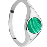 Small Circle signet ring (10mm) in 14K White Gold, with a Thin style band and a Malachite inlay.